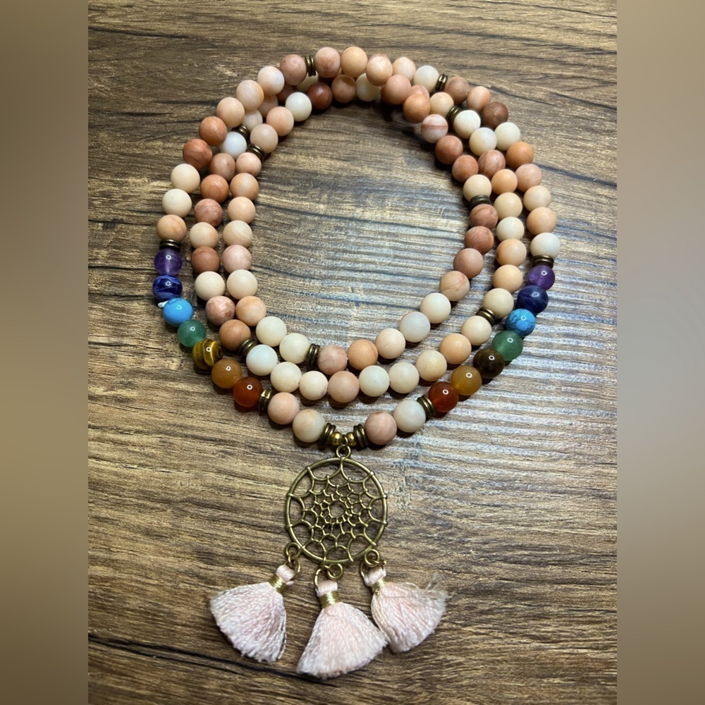 7 Chakra Gemstone Beaded Necklace with Dreamcatcher Pendant & Tassels – 20”